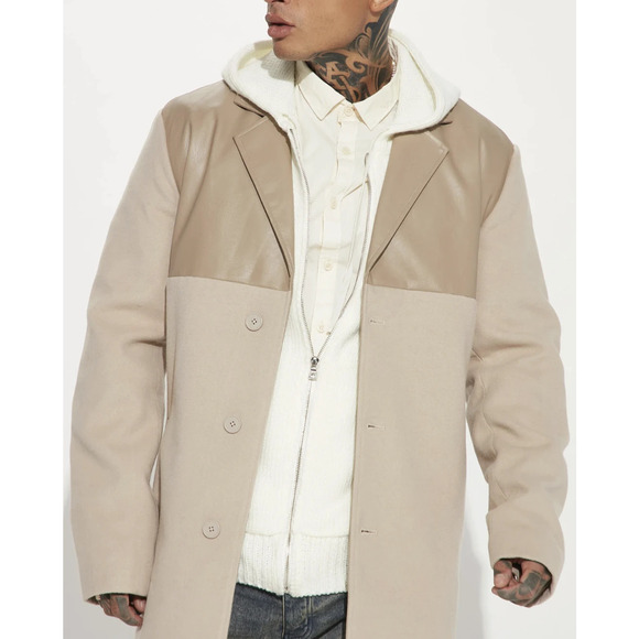 NWT Nova Men Fashion Nova Always Daring Mixed Media Coat Taupe XL Oversized - Picture 3 of 10